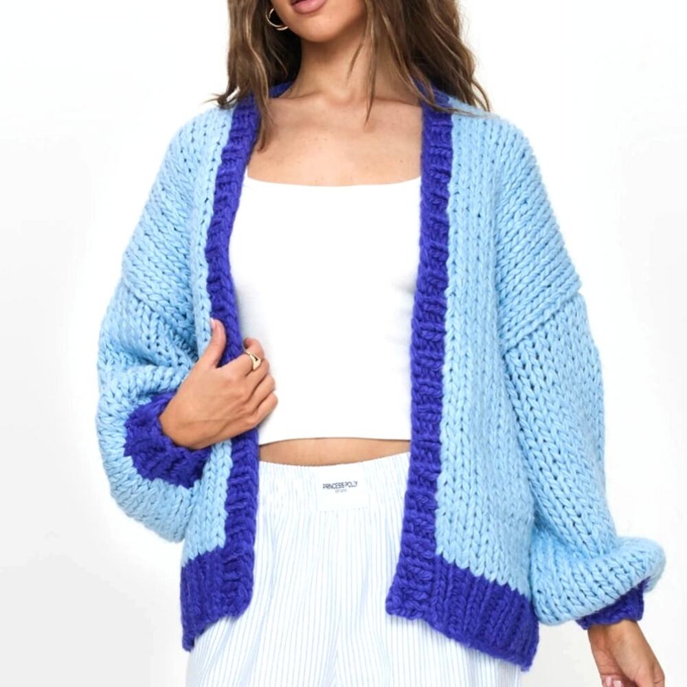 Princess Polly Lester Cardigan Blue Chunky Oversized Knit Sweater Trim M/L NWOT